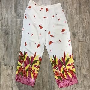 John Roberts Women’s White Linen-like Pants with Floral Hem